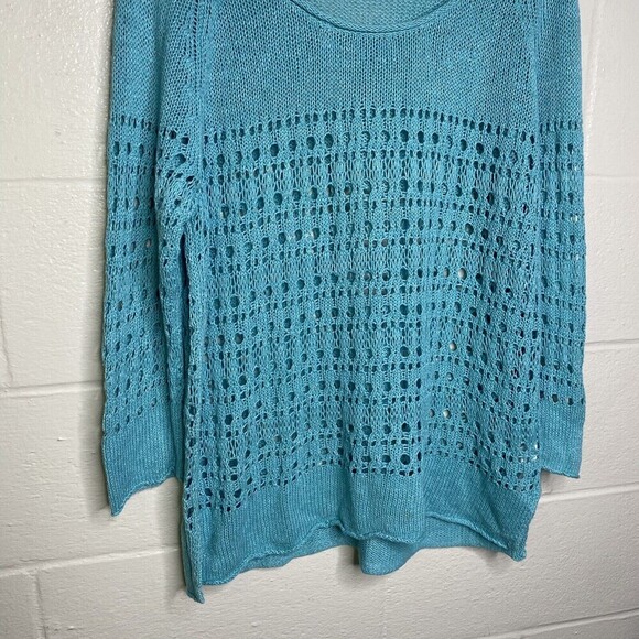 J Jill Linen Blend Open Knit Blue Pullover Sweater Womens Large Fisherman - Picture 5 of 9